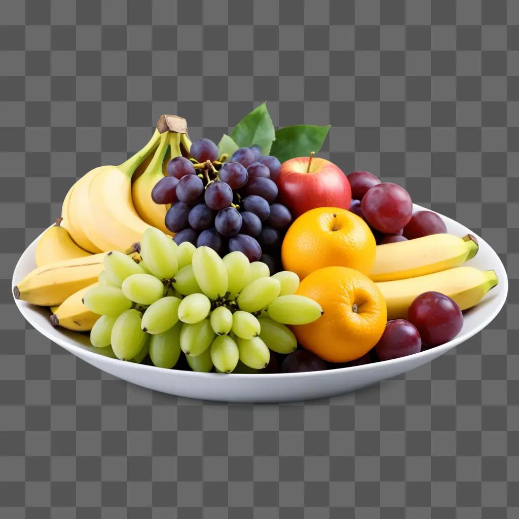 plate of fruits with grapes, apples, bananas and oranges