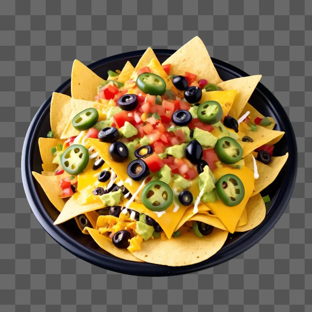 plate of nachos topped with cheese, olives, jalapenos and tomatoes