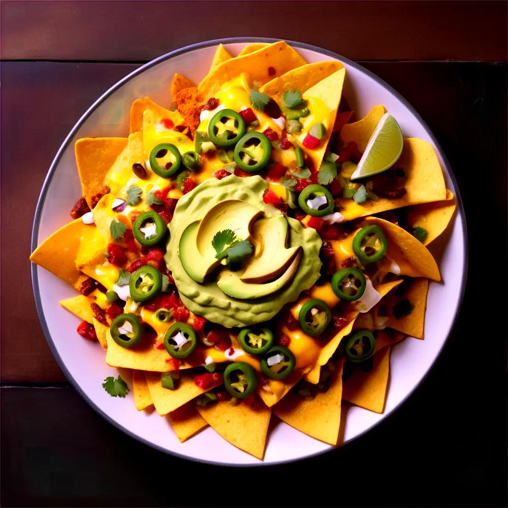 plate of nachos with guacamole and jalapenos