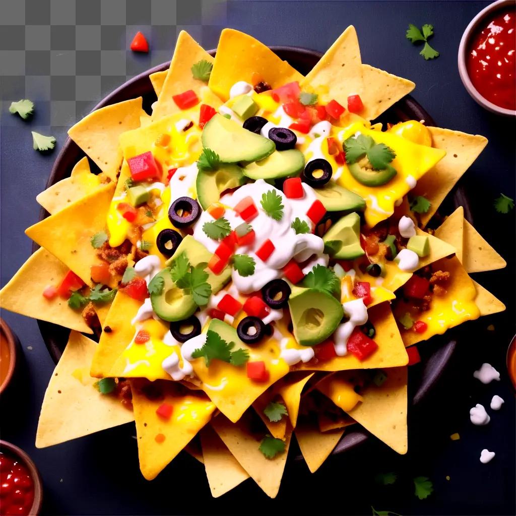 plate of nachos with toppings and condiments