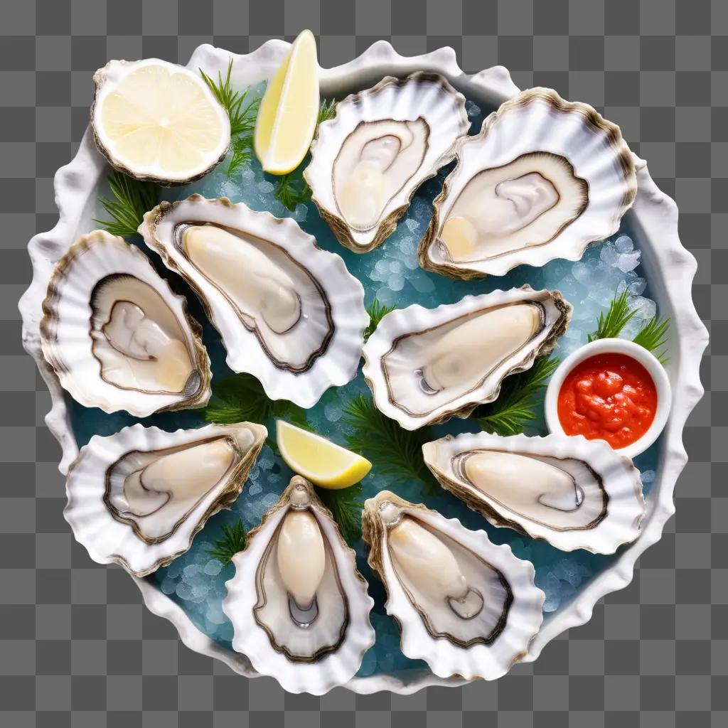 plate of oysters on ice with lemon and sauce