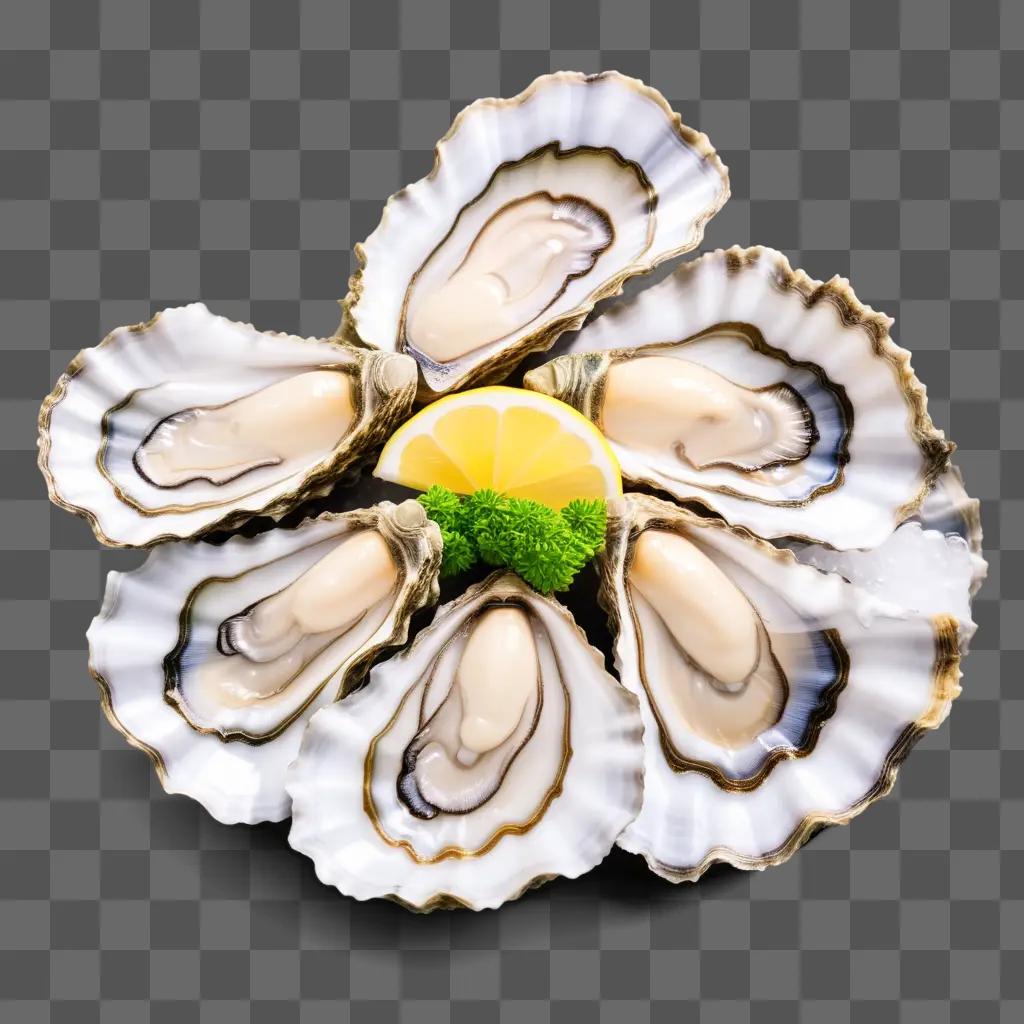 plate of oysters on the half shell with a lemon slice