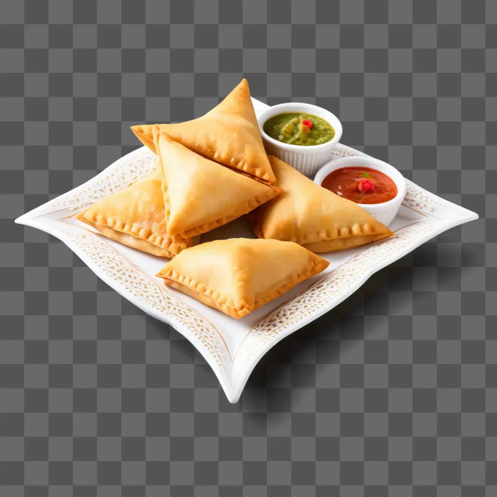 plate of samosas with two dipping sauces