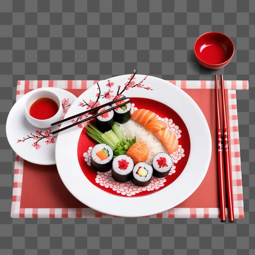 plate of sushi with chopsticks on a tablecloth