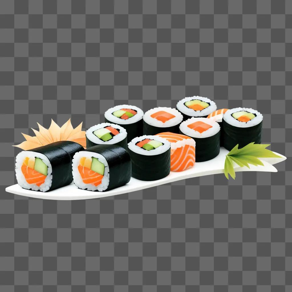 plate of sushi with salmon, crab, and cucumber