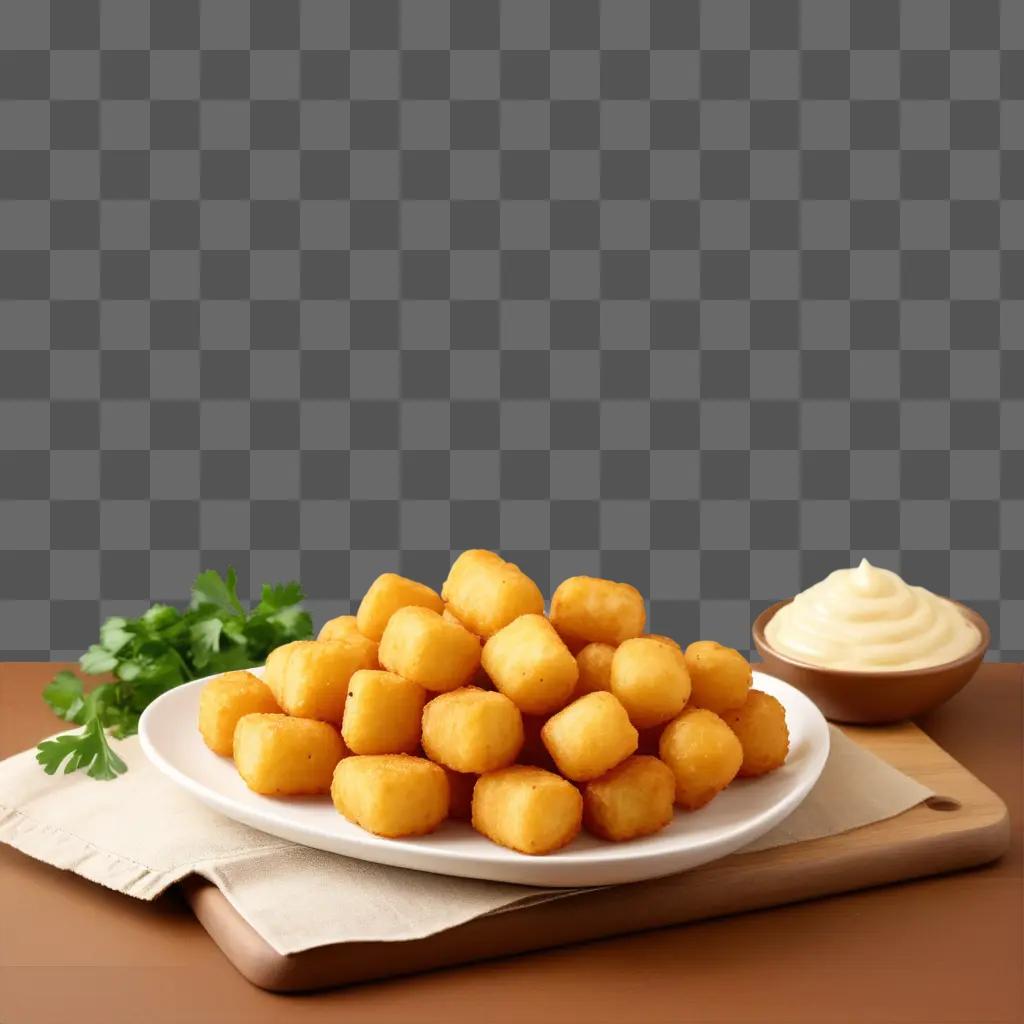 plate of tater tots with a bowl of sauce