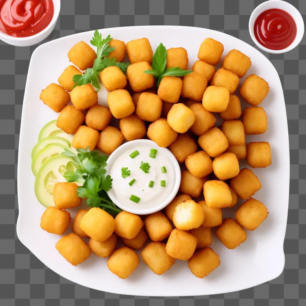 plate of tater tots with dipping sauce