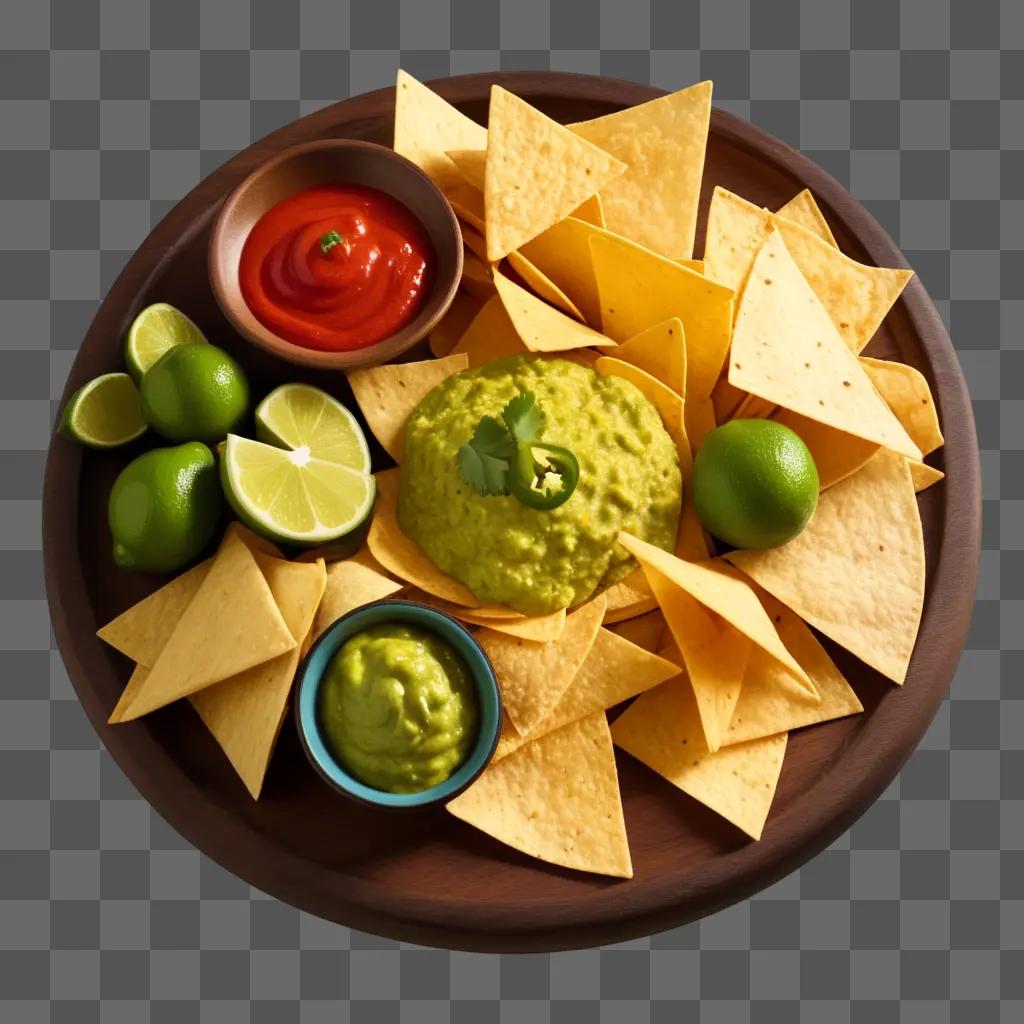 plate of tortilla chips with guacamole and salsa