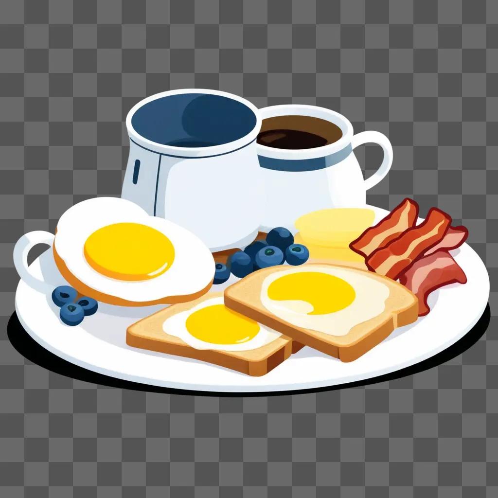 plate with breakfast items, including eggs and bacon, in a cup