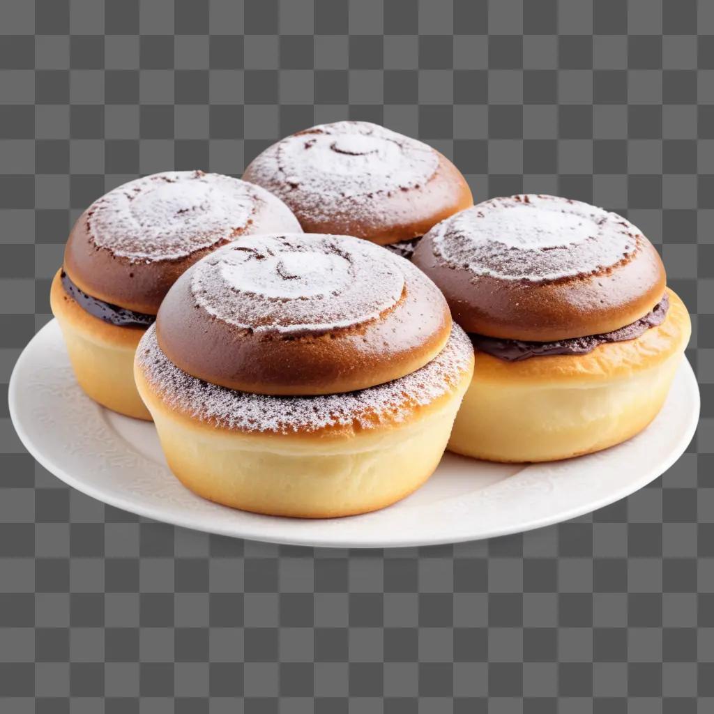 plate with four buns on it with powdered sugar