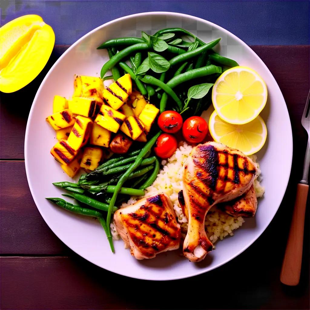 plate with grilled chicken, green beans, and tomatoes