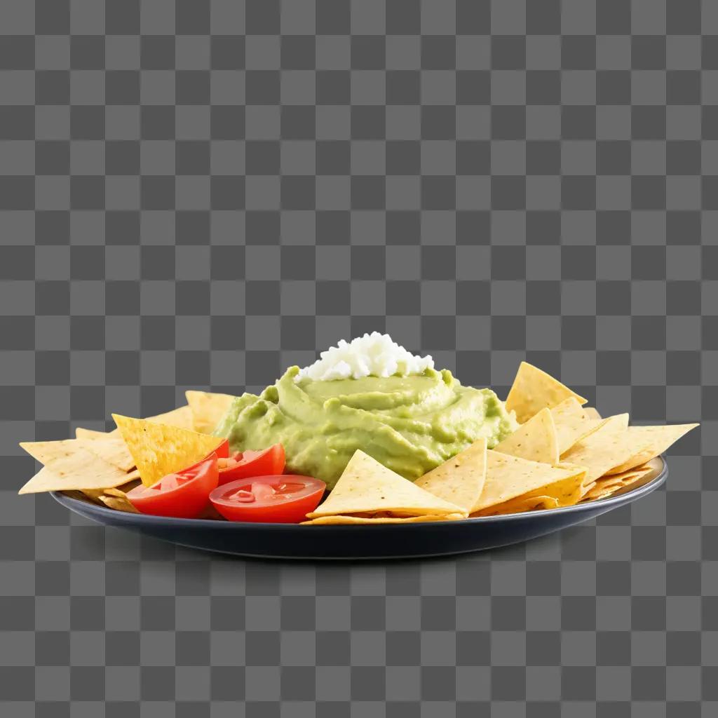 plate with tortilla chips and guacamole on a table