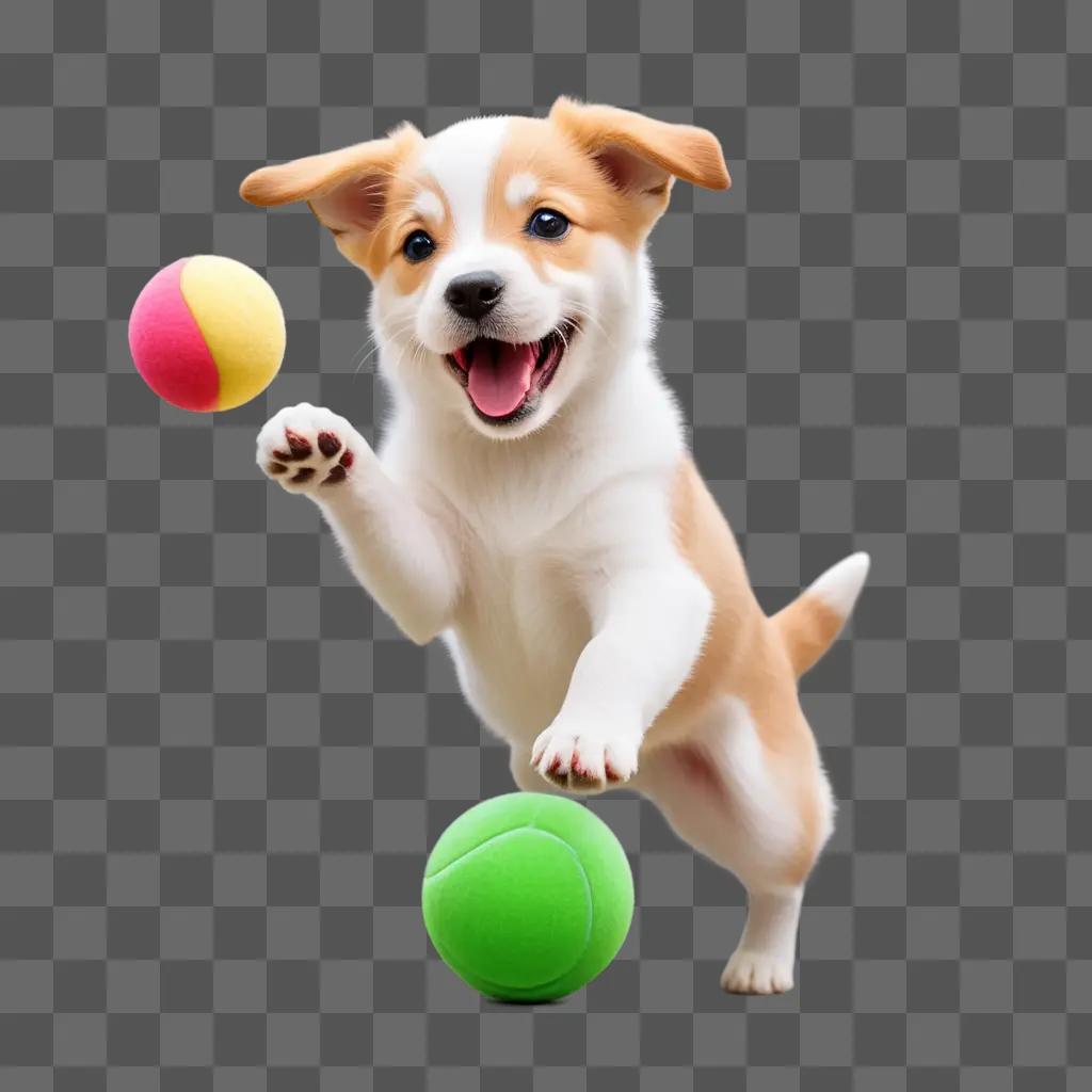 playful puppy catches two balls in his mouth