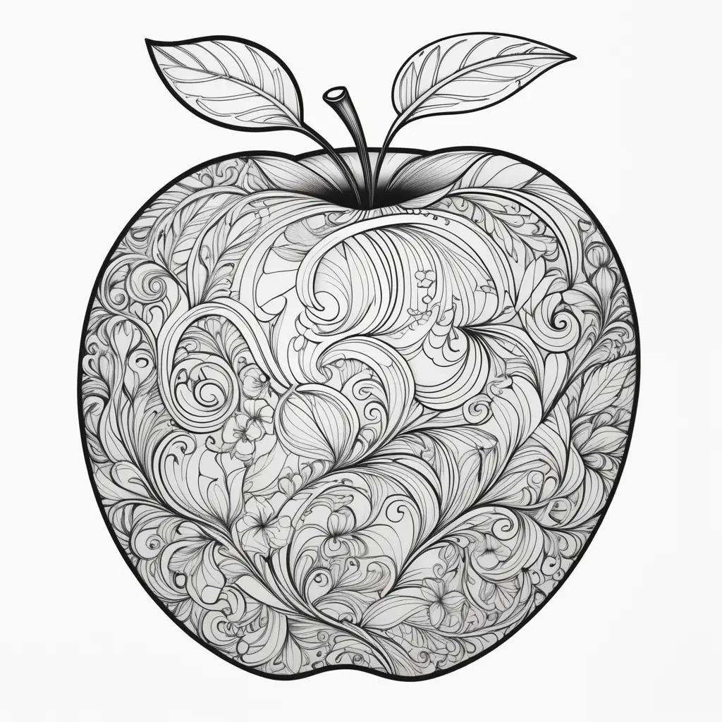 ple Coloring Pages is a black and white illustration of a stylized apple with a floral design