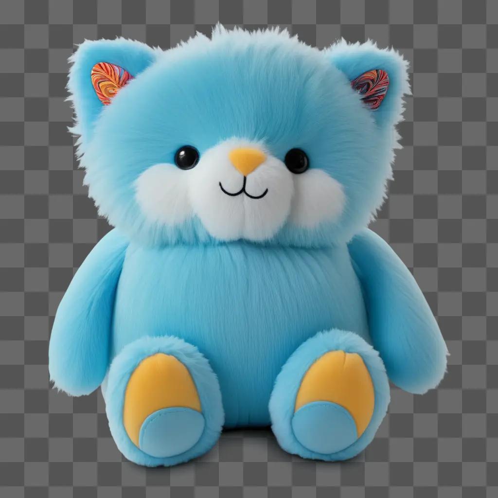 plush cat sits against a blue background