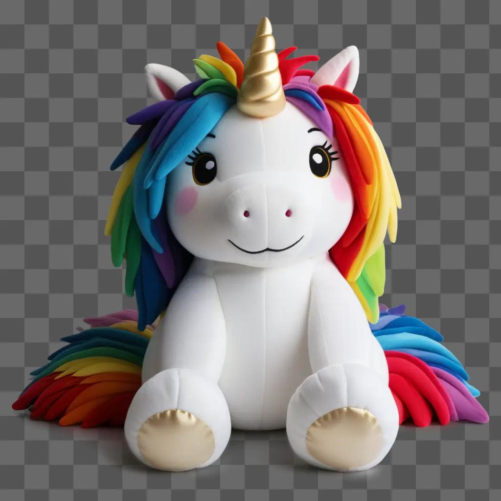 plush unicorn with rainbow hair sits on a table