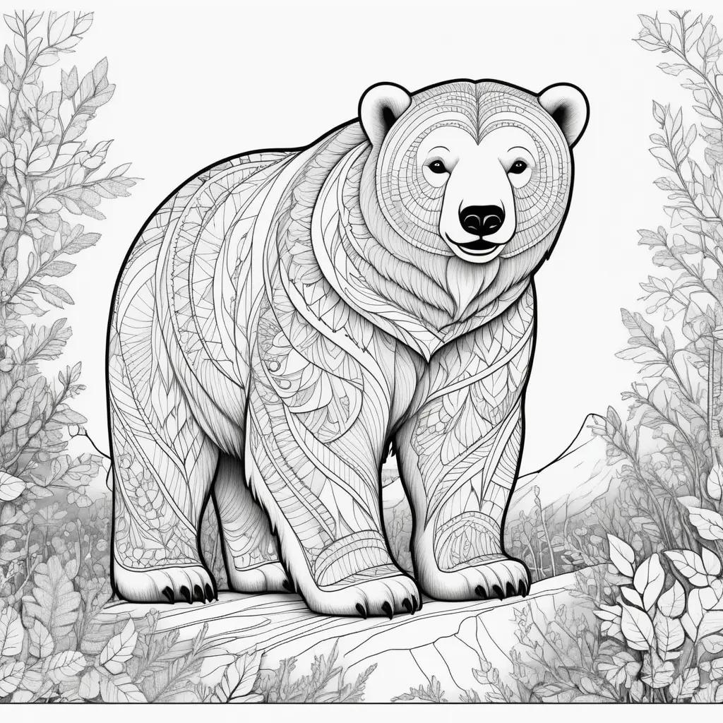 polar bear coloring page with a forest background