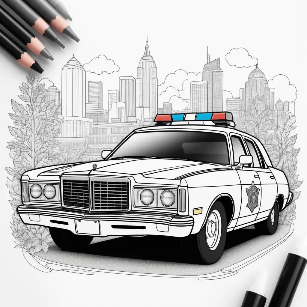 police car coloring page features a cityscape in the background