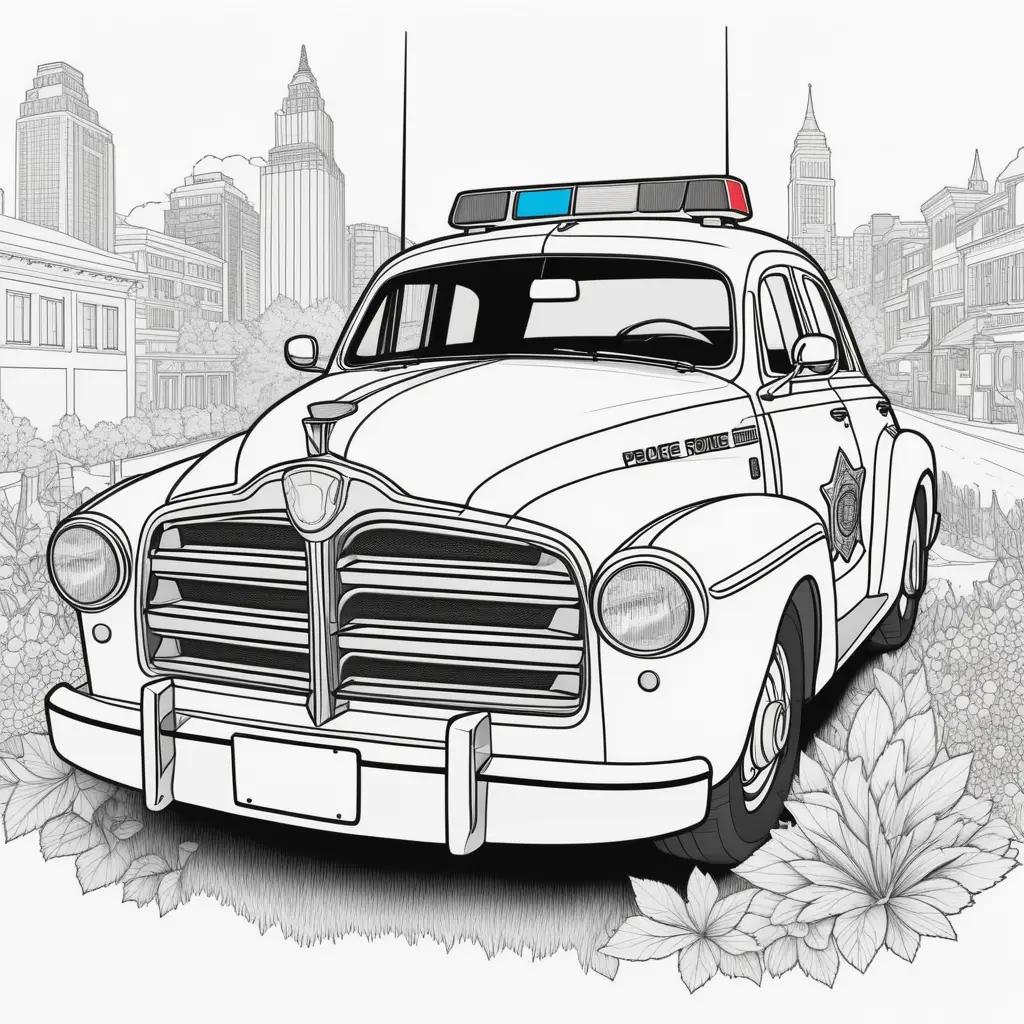 police car coloring page with a city background