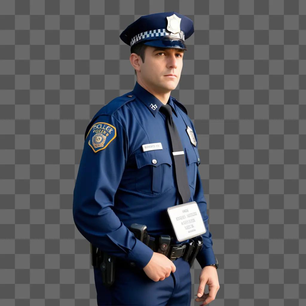 police officer stands in front of a blue background