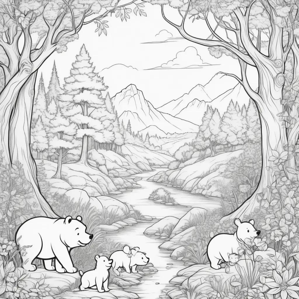 森の中のクマの家族とプーさん ぬりえ