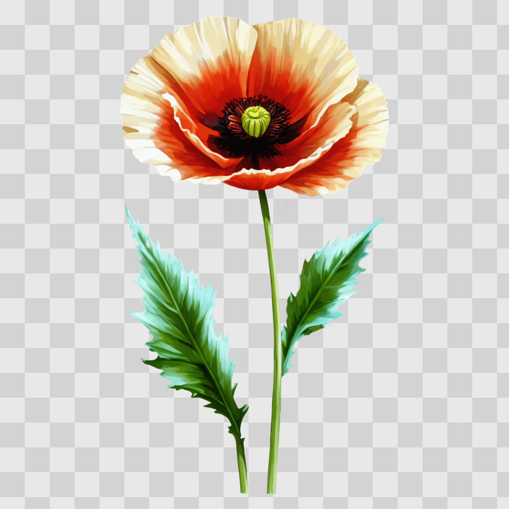 poppy flower drawing A brightly colored flower with green leaves