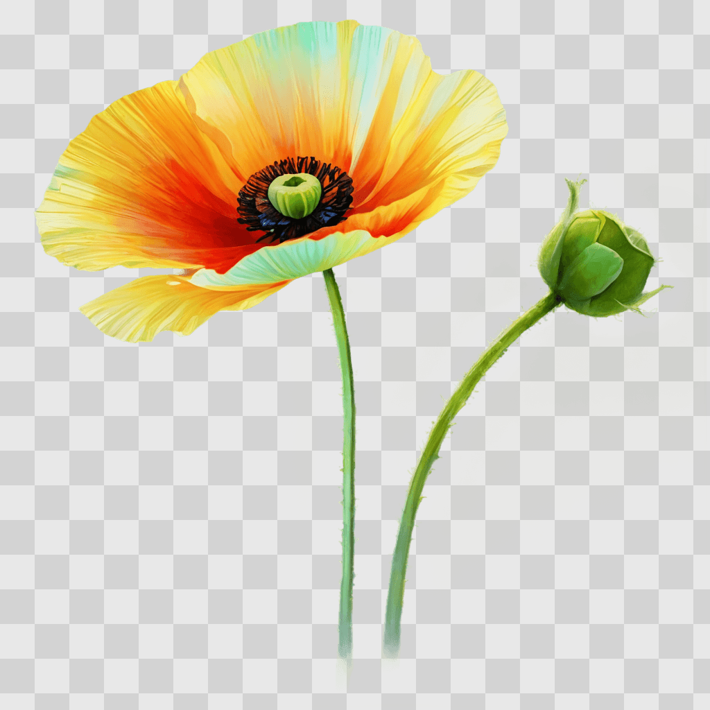 poppy flower drawing A brightly colored poppy and its green bud