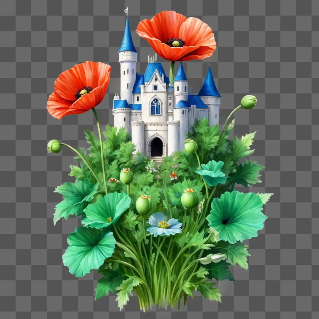 poppy flower drawing A fairy tale castle surrounded by vibrant flowers