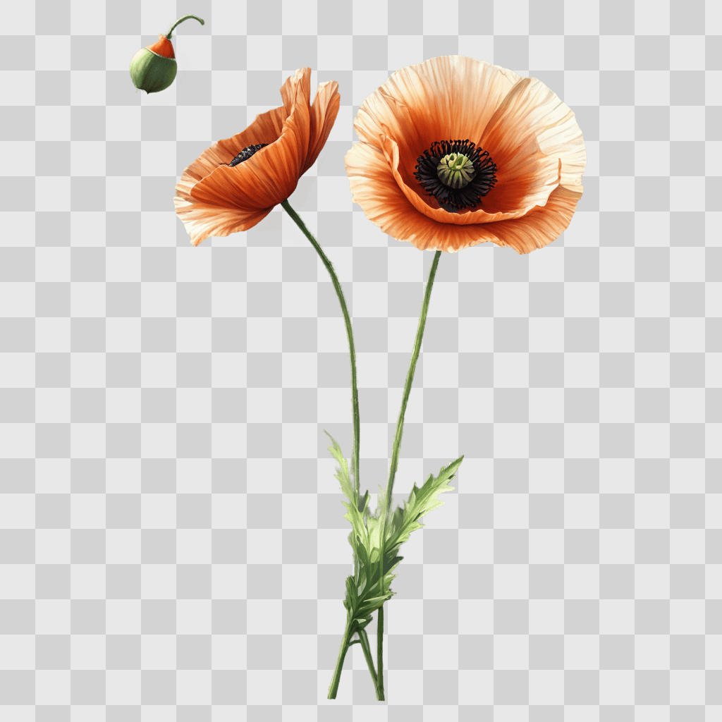 poppy flower drawing A pair of poppies with green leaves on a brown background