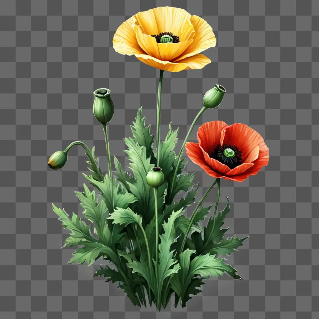 poppy flower drawing A vibrant flower arrangement on a green background