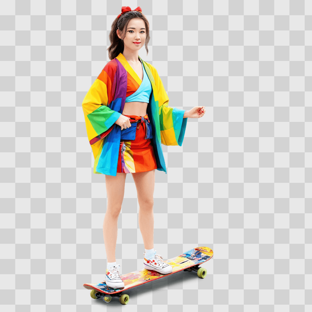 pretty cartoon girl A girl dressed in a rainbow outfit stands on a skateboard