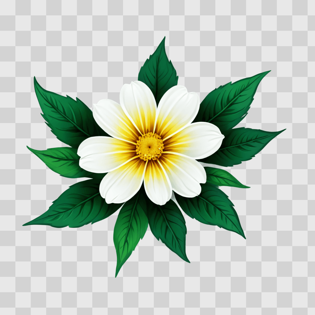 pretty flower drawing A white and yellow flower with green leaves