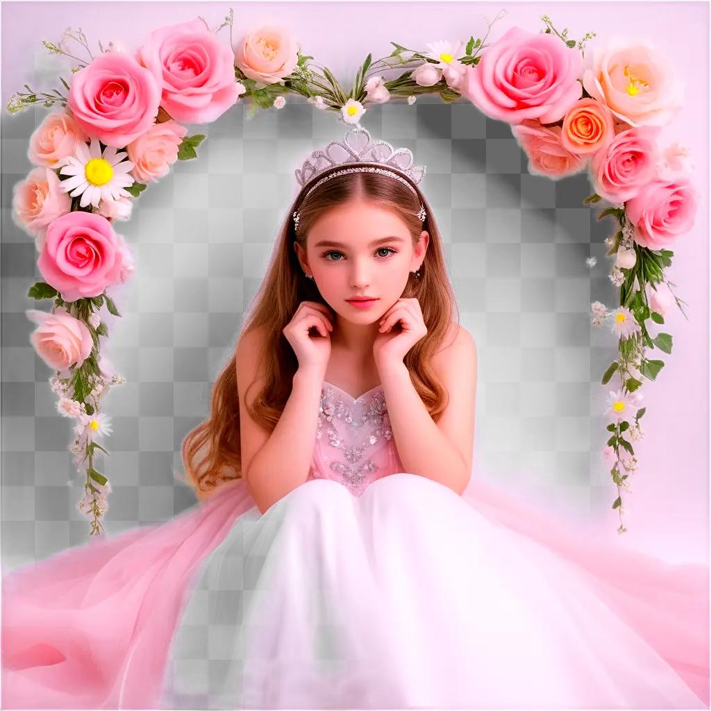 pretty little girl poses under a heart of roses