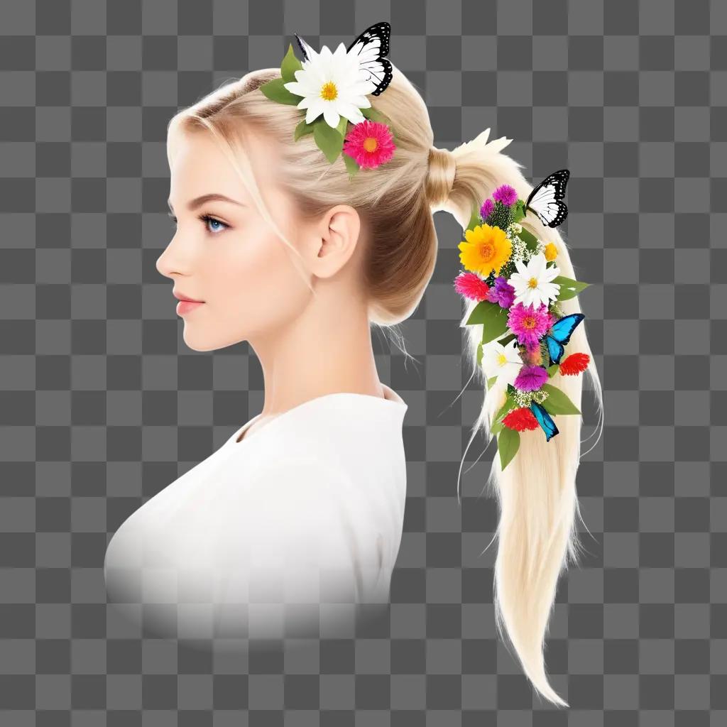 pretty woman with a colorful flower and butterfly in her hair