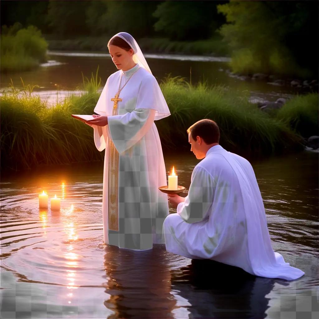 priest and a woman in white perform a baptism in a river