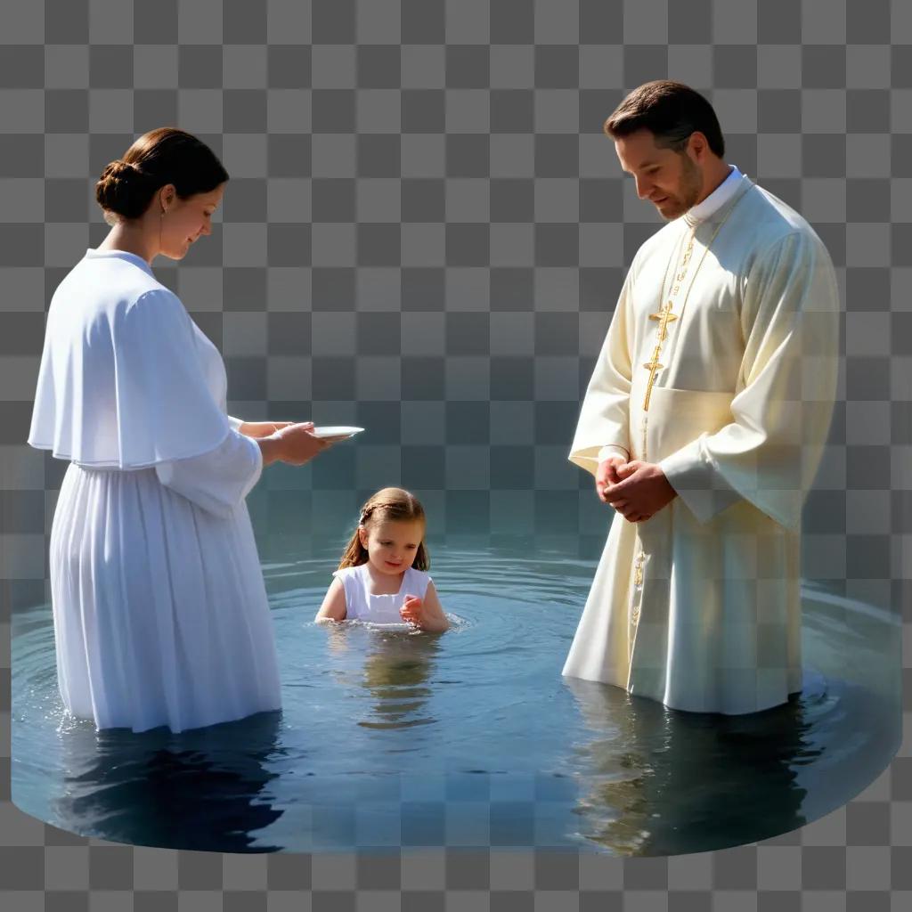 priest baptizes a young girl in a river