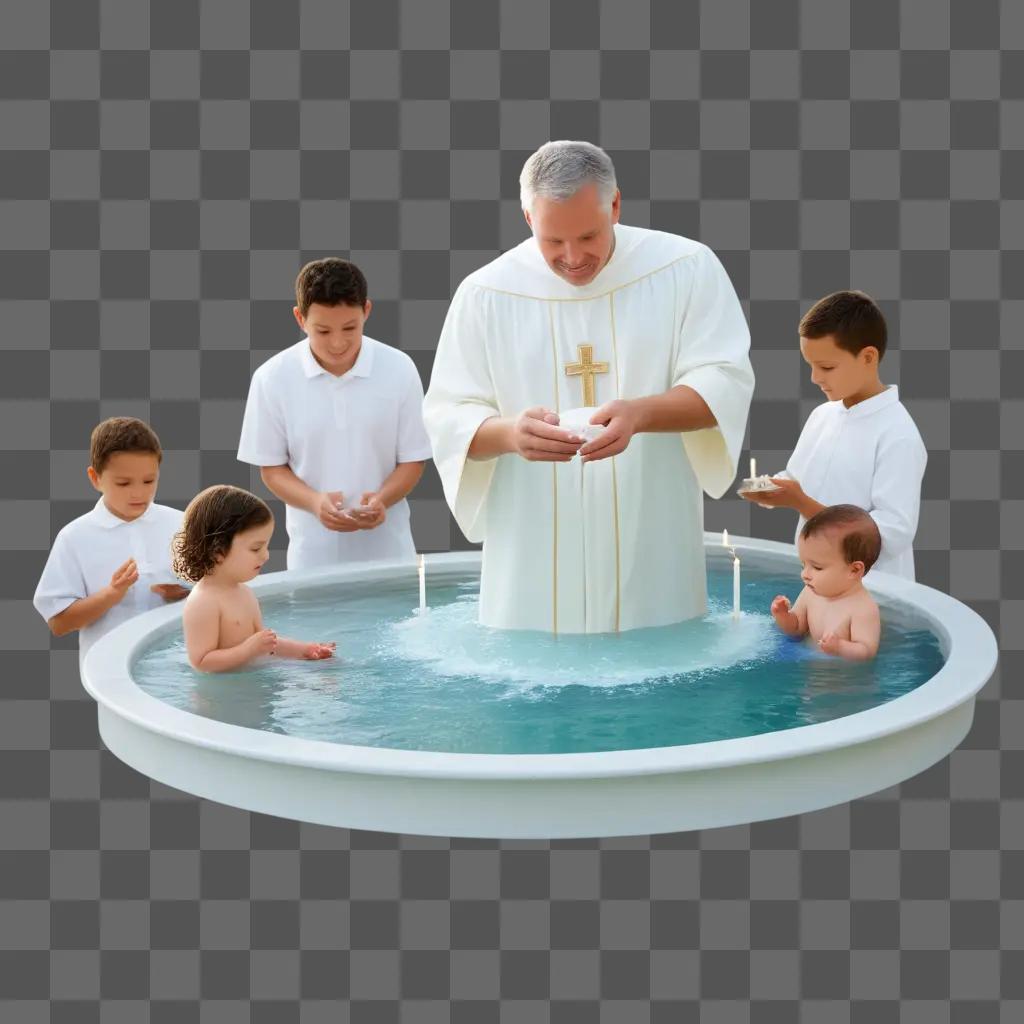 priest baptizes children in a pool