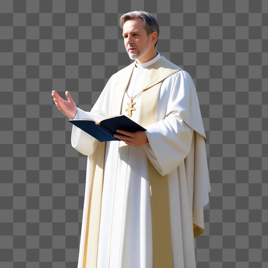 priest holds a book in front of a white wall