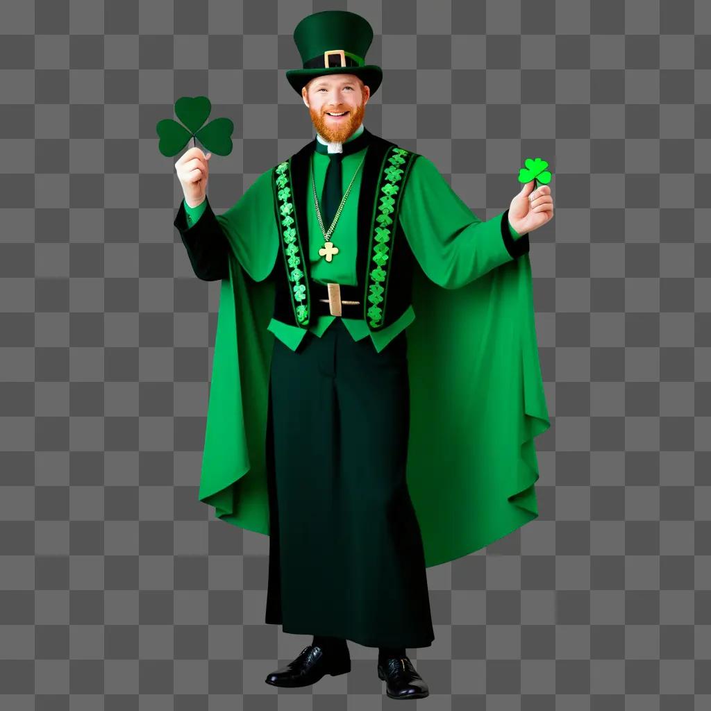 priest in a green outfit holding a shamrock