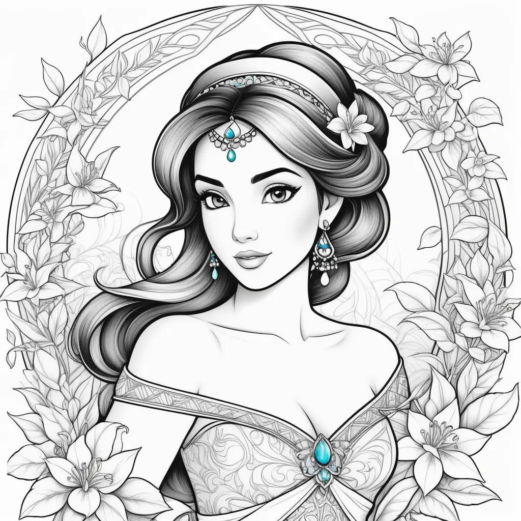 princess coloring page featuring Jasmine and a floral frame