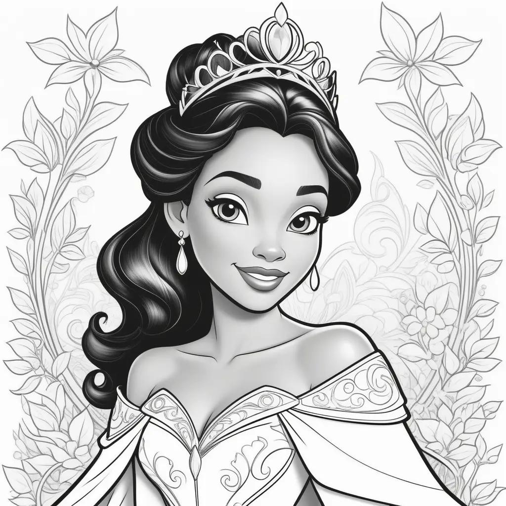 princess coloring page featuring Tiana and her crown