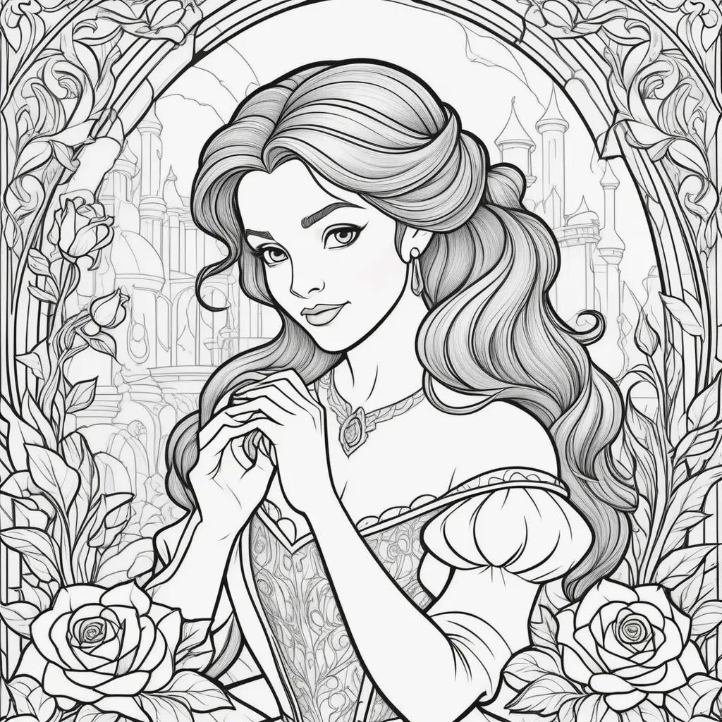 princess coloring page featuring a castle, roses, and a crown