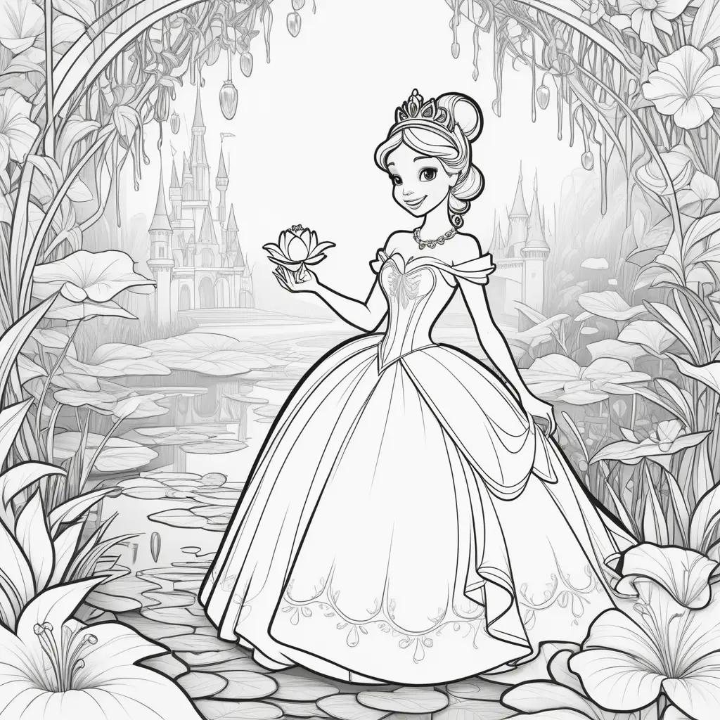 princess coloring page featuring a frog and a flower