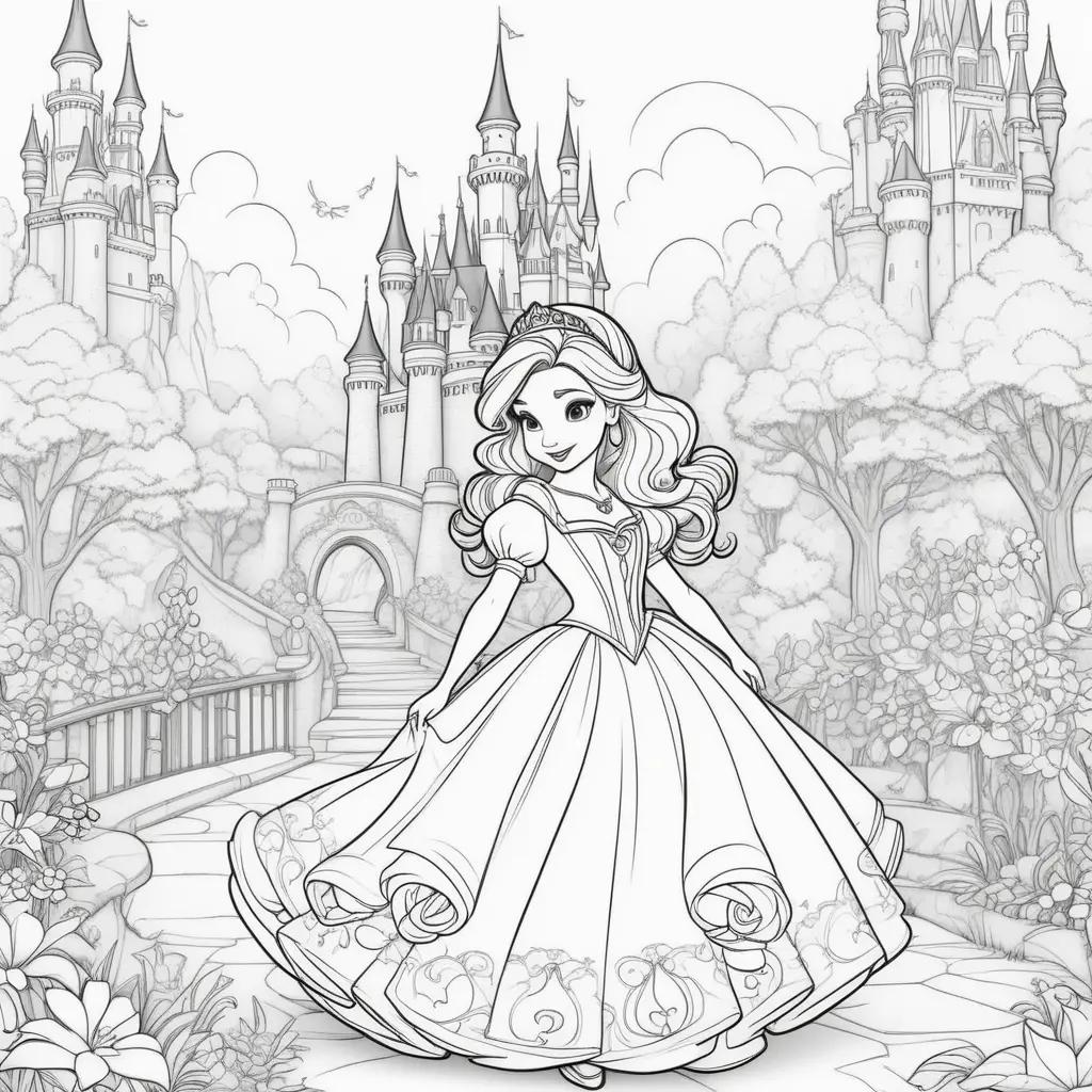 princess coloring page in a castle with trees