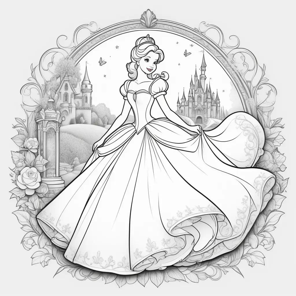 princess coloring page of Cinderella with a castle and butterflies