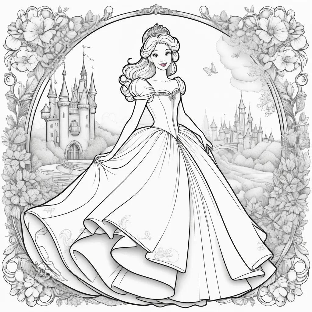 princess coloring page with a castle and a crown