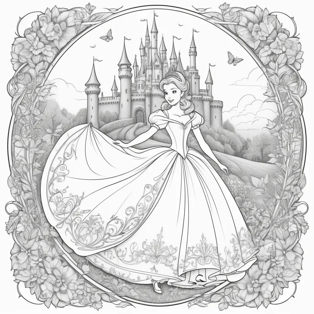 princess coloring page with a castle and flowers