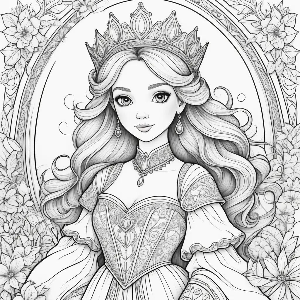 princess coloring page with a crown and a flower