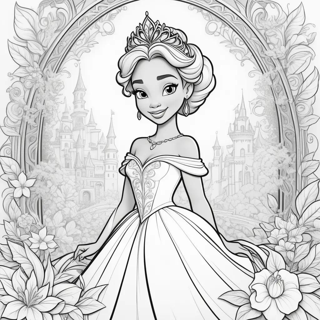 princess coloring page with a crown and castle