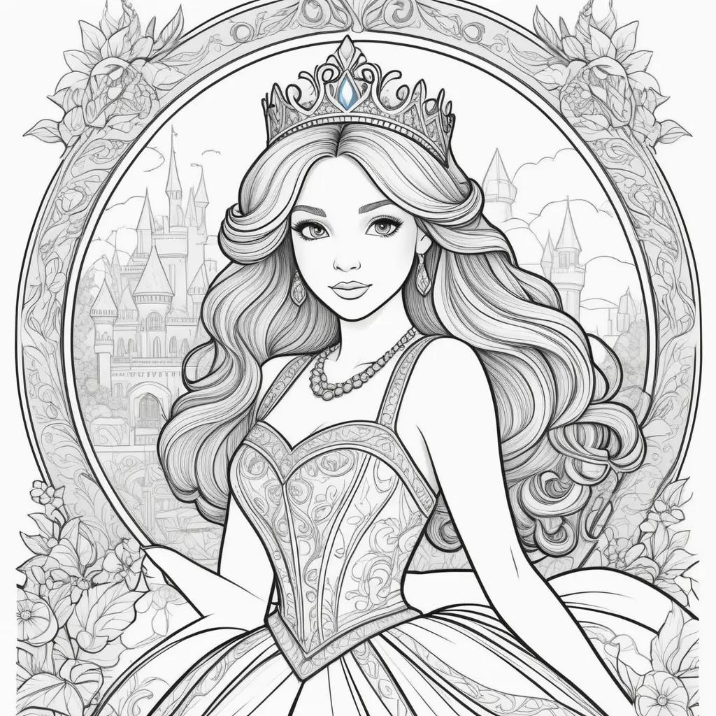 princess coloring page with a crown and castle in the background